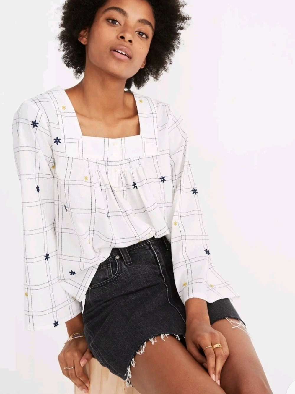 EUC Sz L Madewell White Square-Neck  Embroidered Windowpane Smock Blouse